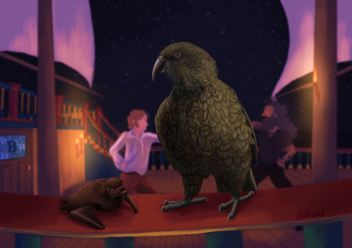 Charis and Kahu sit on the railing while Ed and Stede spar behind them.