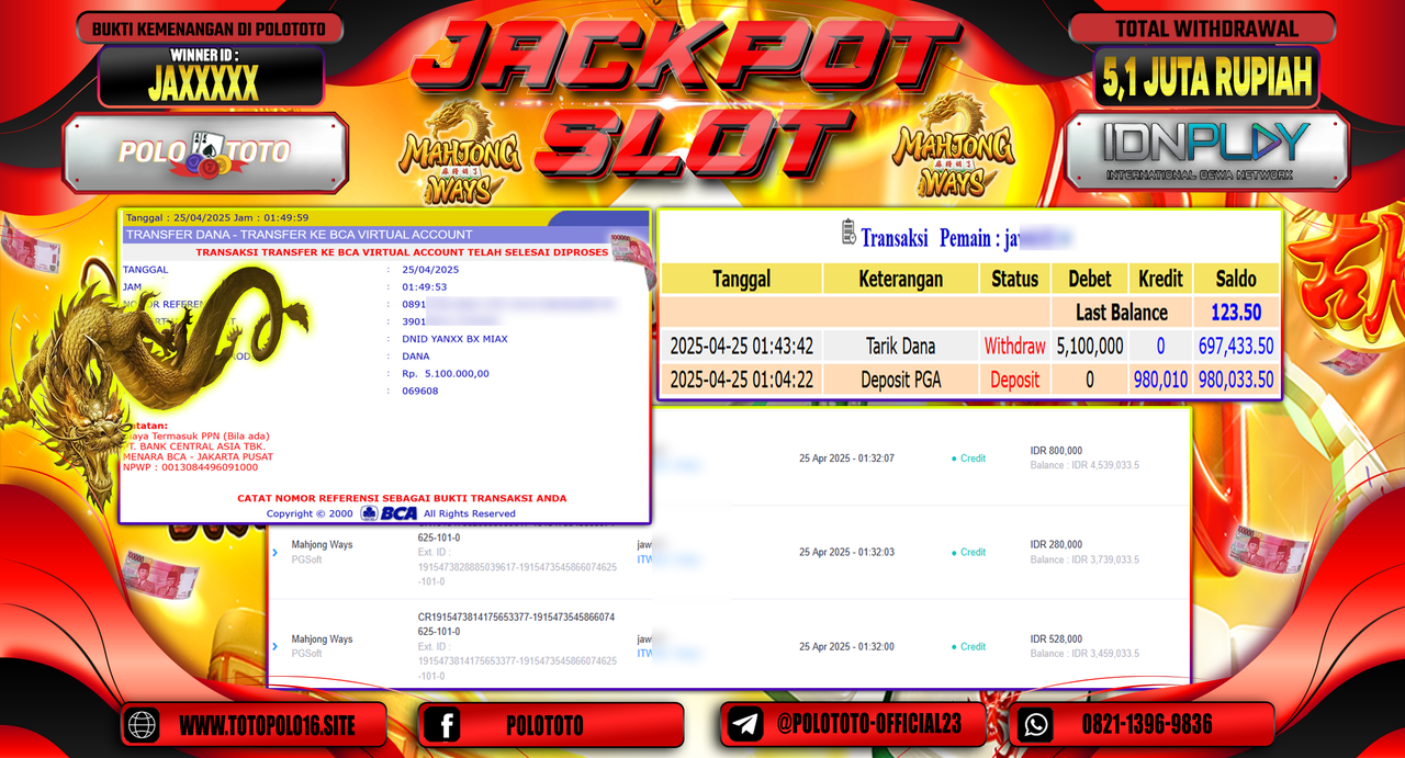 POLOTOTO JACKPOT SLOT MAHJONG WAYS Rp.5.100.000,-