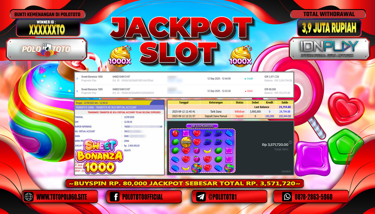 POLOTOTO JACKPOT SLOT SWEET BONANZA 1000 Rp.3.900.000,-LUNAS
