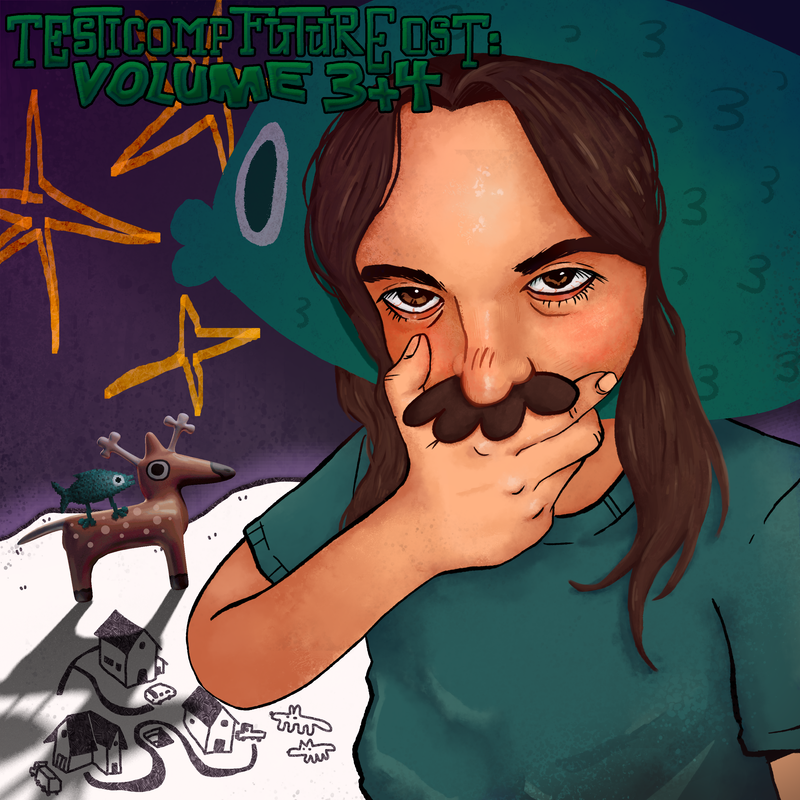 Cover Art for Testicomp Future OST: Vol.3+4, featuring a painting of GIGOE, wearing a blue fish hat with a hand covering his mouth with a cartoon mustache peeking over it. Behind him is a purple sky with three yellow, poorly drawn stars in it. On the bottom left, there's a white, paper-like hill with marker drawings of homes, roads, and cars. A 3D rendered deer with a pixel-art blue fish with legs standing on it's back cast a shadow on the paper.