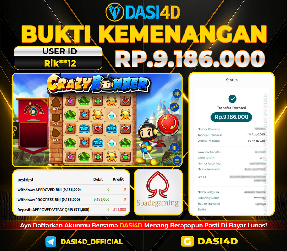 BUKTI KEMENANGAN 11 AGUSTUS 2025 DI CRAZY BOMBER WD 9.186.000