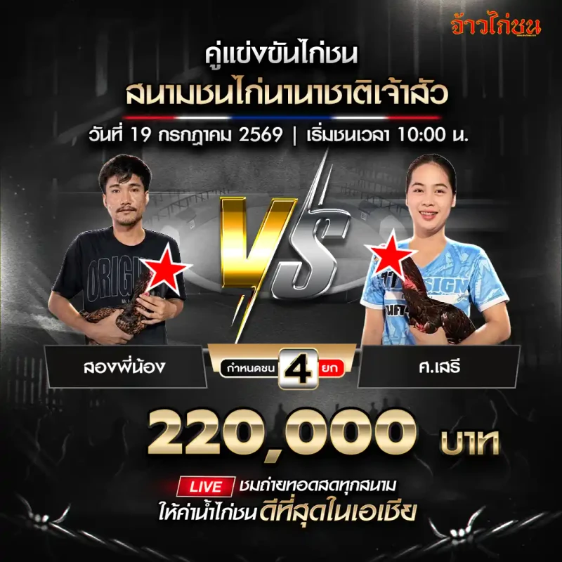 โปรแกรมไก่ชน สองพี่น้อง พบ ศ.เสรี สนามชนไก่นานาชาติเจ้าสัว 19 กรกฎาคม 2569