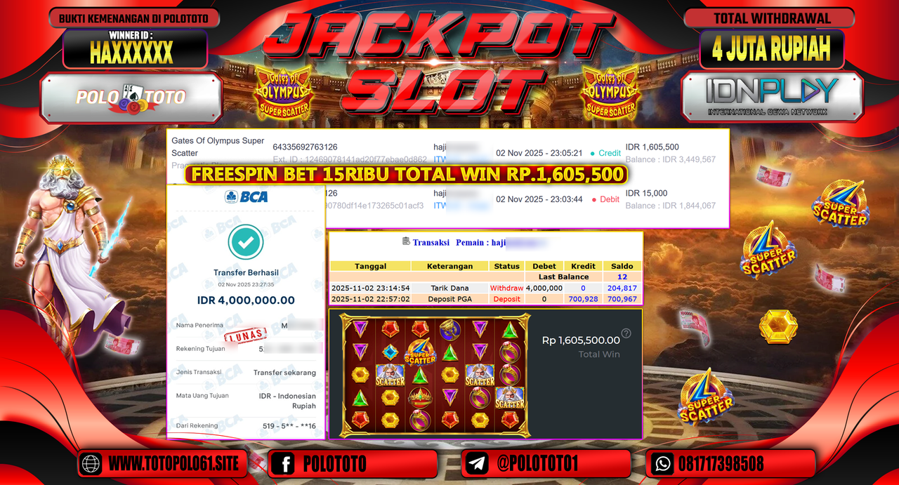 POLOTOTO JACKPOT SLOT GATES OF OLYMPUS SUPER SCATTER Rp.4.000.000,- LUNAS