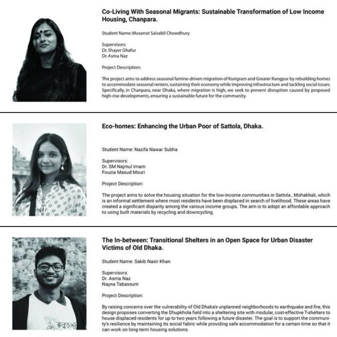 The Department of Architecture is delighted to share that three of our final-year students have been awarded the RISE (Research and Innovation Centre for Science and Engineering, BUET) Research Grant 2024 for their Level 5 term 2 research projects.