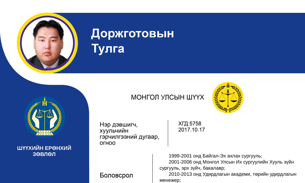 Эрүүгийн хэргийг харьяалан шийдвэрлэх анхан шатны шүүхийн шүүгчид нэр дэвшигч Д.Тулгын мэргэжлийн үйл ажиллагааны танилцуулга