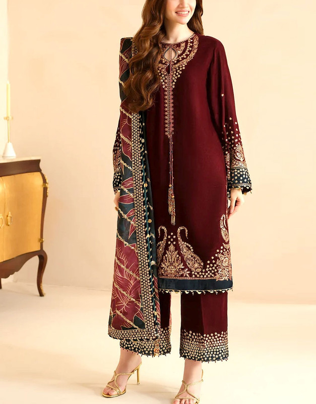 Formal Embroidered Maroon Velvet Suit 2026 | Emb. Organza Dupatta