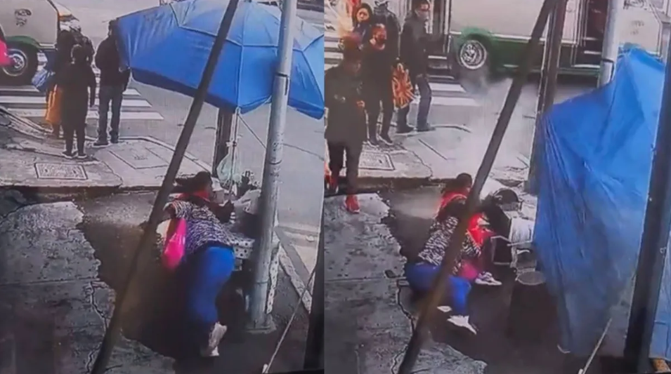 Mujer se cae sobre un puesto de tamales en CDMX y se hace viral