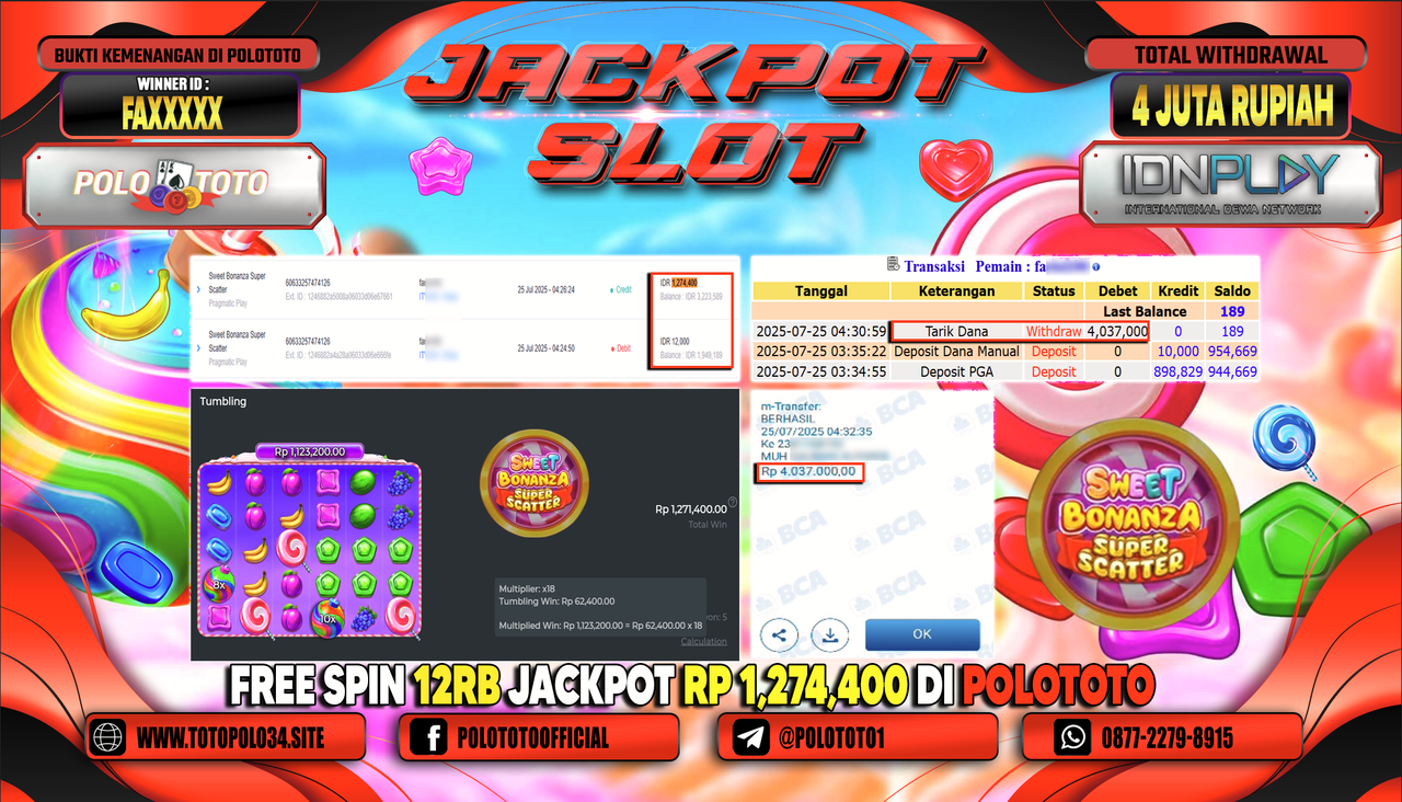 POLOTOTO JACKPOT SLOT SWEET BONANZA SUPER SCATTER Rp.4.000.000,-LUNAS