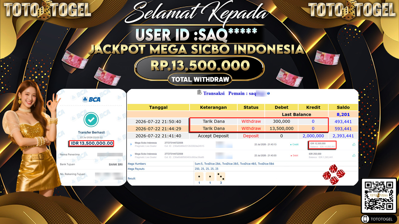 Bukti Pembayaran Jackpot MEGA SICBO INDONESIA ID:SAQ****LUNAS