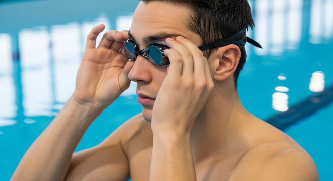 Правильная посадка очков для плавания на лице пловца в бассейне