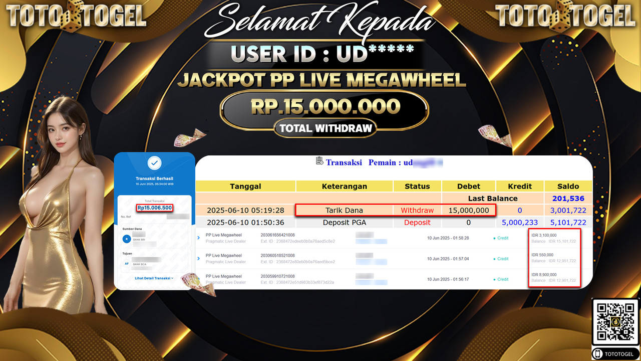 Bukti Pembayaran Jackpot Permainan Live Game PP Live Megawheel ID:UD***** LUNAS