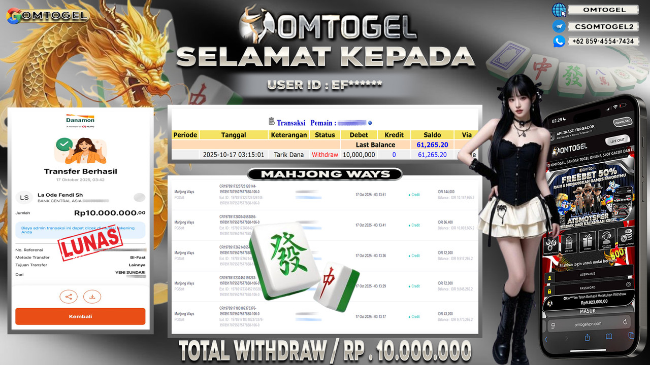 OMTOGEL JACKPOT PGSOFT MAHJONG WAYS 10 JUTA DI BAYAR LUNAS ,-
