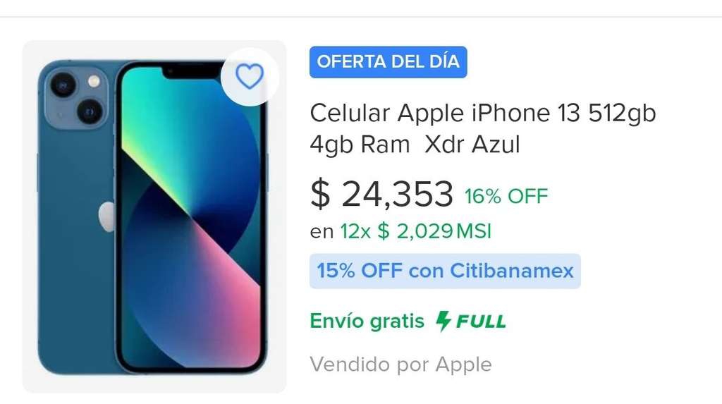 Mercado Libre Iphone 13 512gb sin promos bancarias 