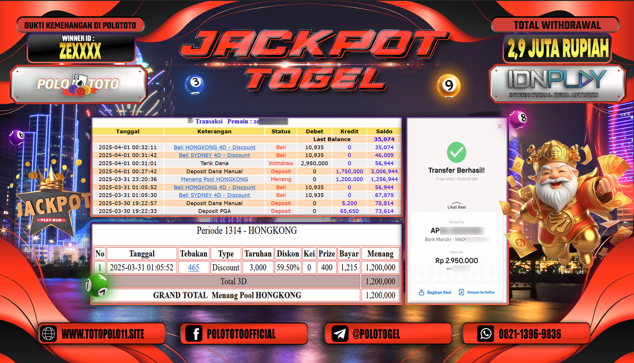 POLOTOTO JACKPOT TOGEL PASARAN HONGKONG  Rp.2.900.000,- LUNAS