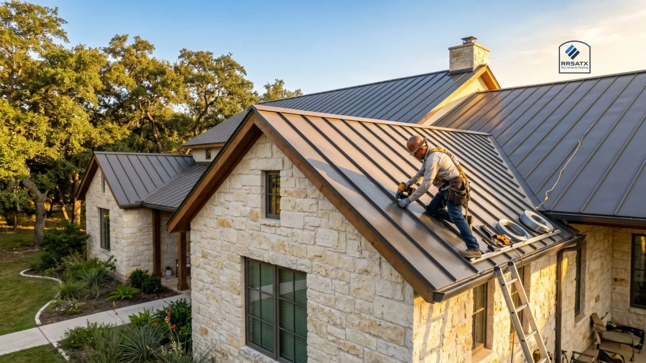 Metal roofing contractor installing panels on residential roof San Antonio Texas