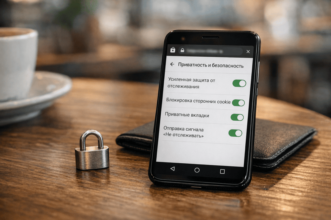 Телефон рядом с маленьким замком, включён приватный режим и защита