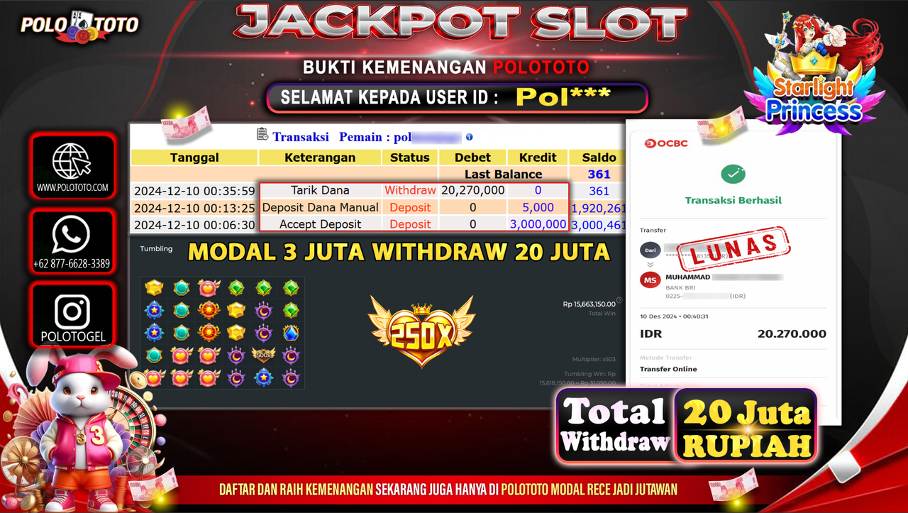 POLOTOTO JACKPOT SLOT STARLIGHT PRINCESS Rp.20,270.000,-