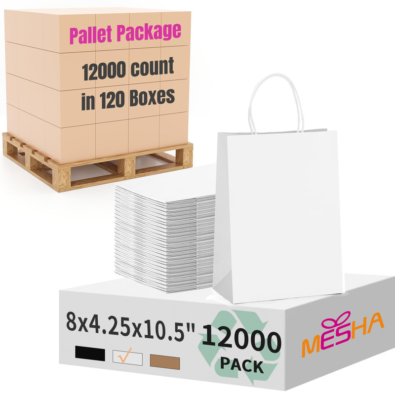 MESHA Gift Paper Bags 12000 PACK 8x4 25x10 5 White Medium Shopping Kraft Bags Bulk with Handles Re