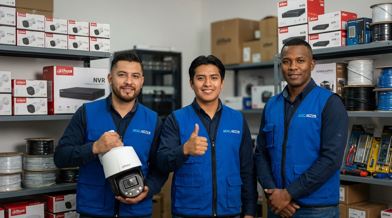 Técnico profesional instalando cámara de seguridad