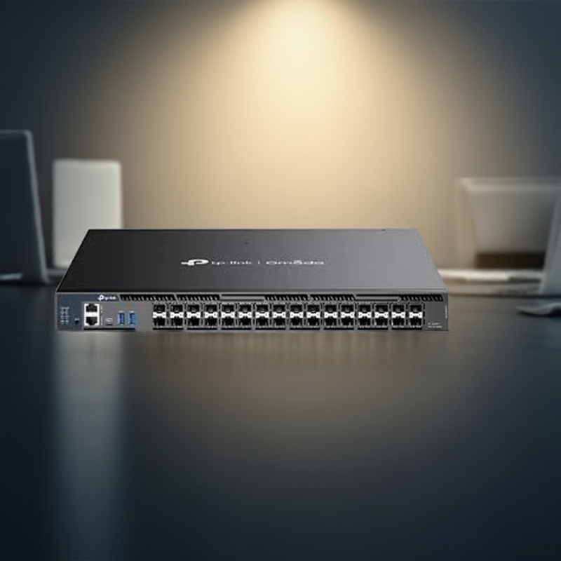 Close-up dos 6 slots SFP28 de 25Gbps para uplinks de alta velocidade