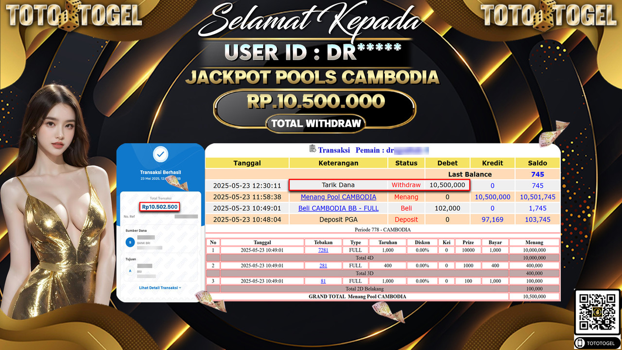 Bukti Pembayaran Jackpot Permainan Togel Pools Cambodia ID:DR***** LUNAS