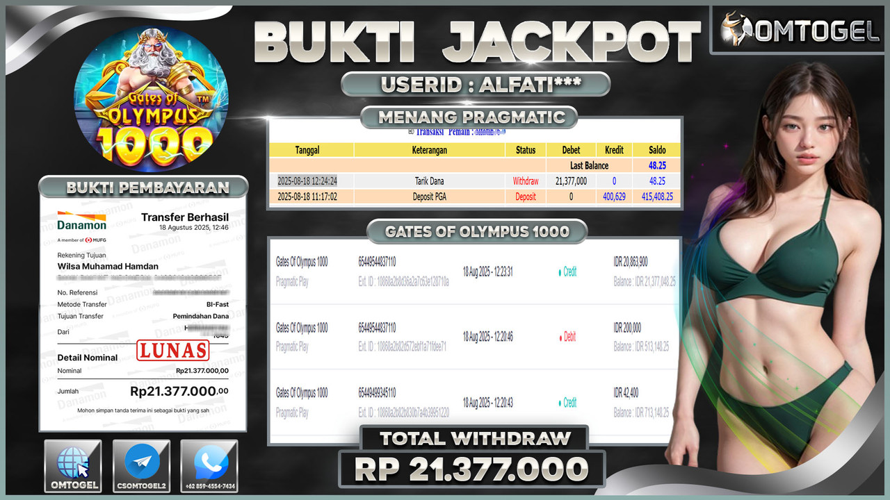 OMTOGEL JACKPOT PRAGMATIC PLAY GATES OF OLYMPUS 1000 21 JUTA DI BAYAR LUNAS ,-