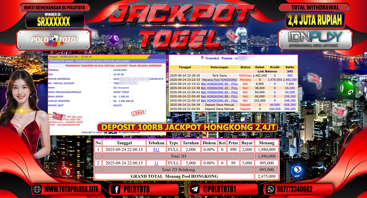 POLOTOTO JACKPOT TOGEL HONGKONG LOTTO Rp.2.400.000,- LUNAS