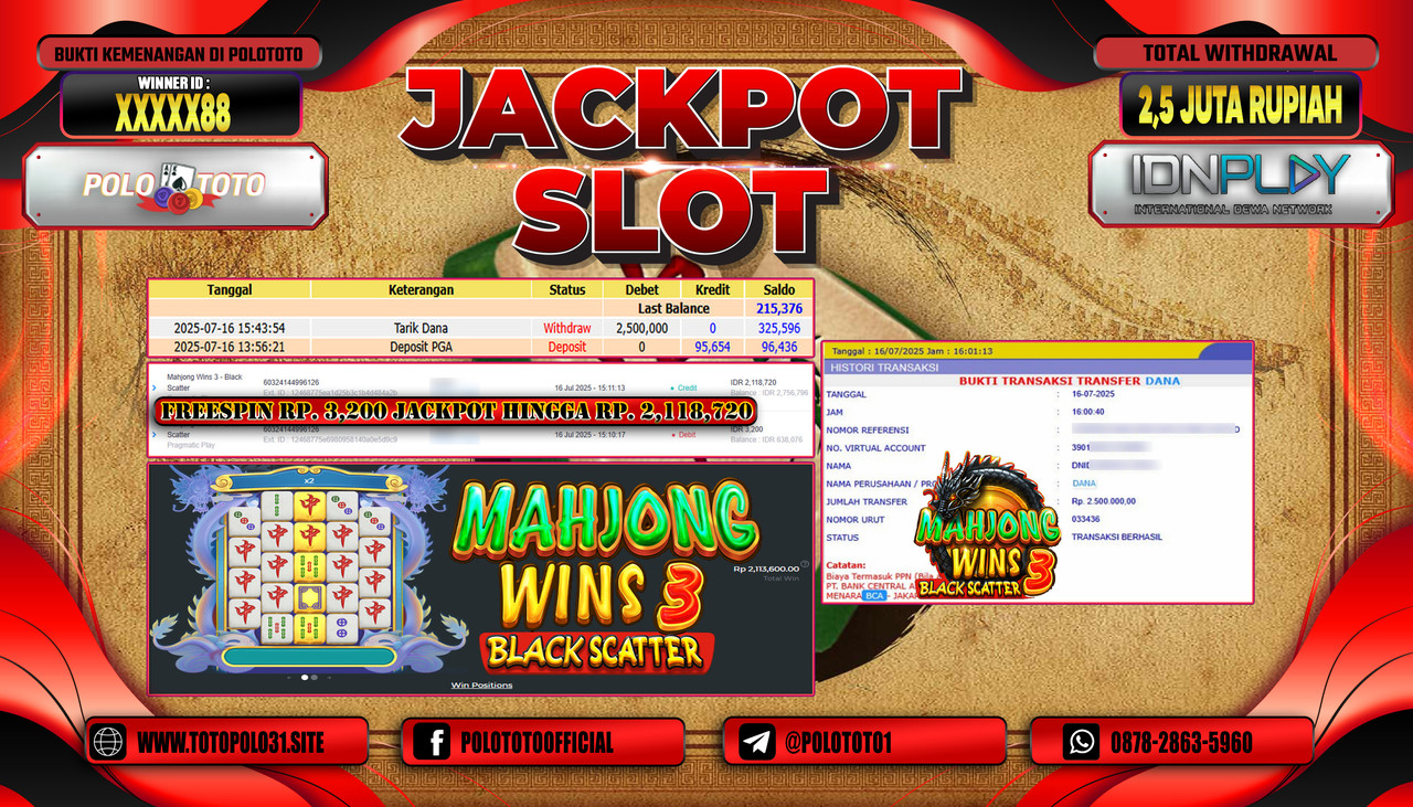 POLOTOTO JACKPOT SLOT MAHJONG WINS 3 - BLACK SCATTER Rp.2.500.000,- LUNAS