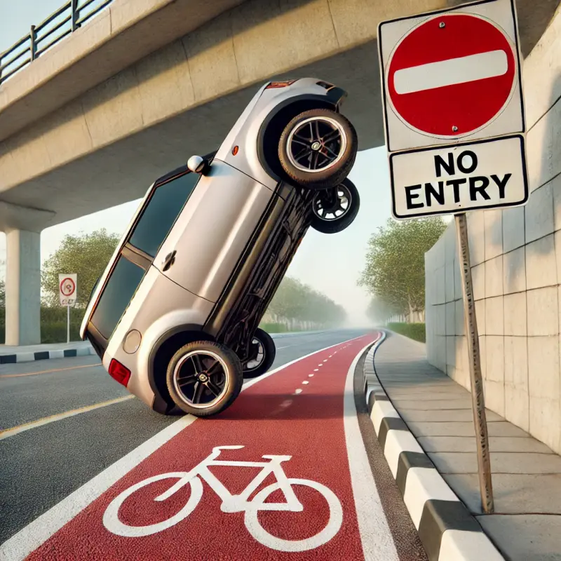 DALL·E 2025-03-08 02.54.12 - A photorealistic image of a car driving on two wheels on a bicycle path