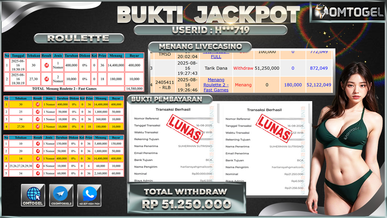 OMTOGEL JACKPOT LIVE GAMES ROULETTE 51 JUTA DI BAYAR LUNAS ,-