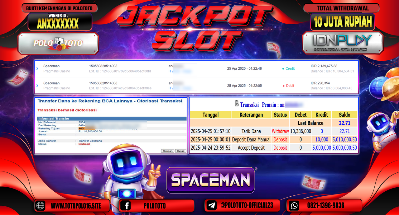 POLOTOTO JACKPOT SLOT SPACEMAN Rp.10.386.000,-
