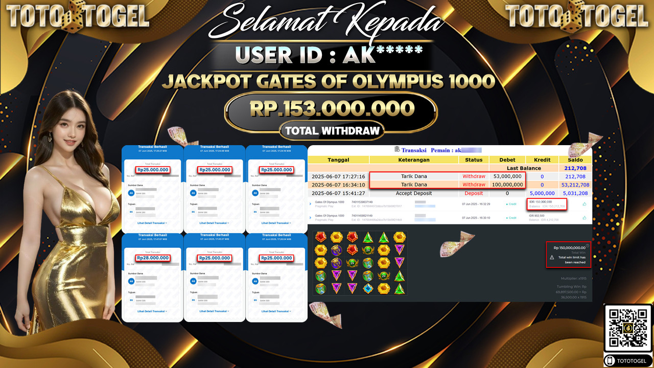 Bukti Pembayaran Jackpot Permainan Slot Gates Of Olympus 1000 ID:AK***** LUNAS