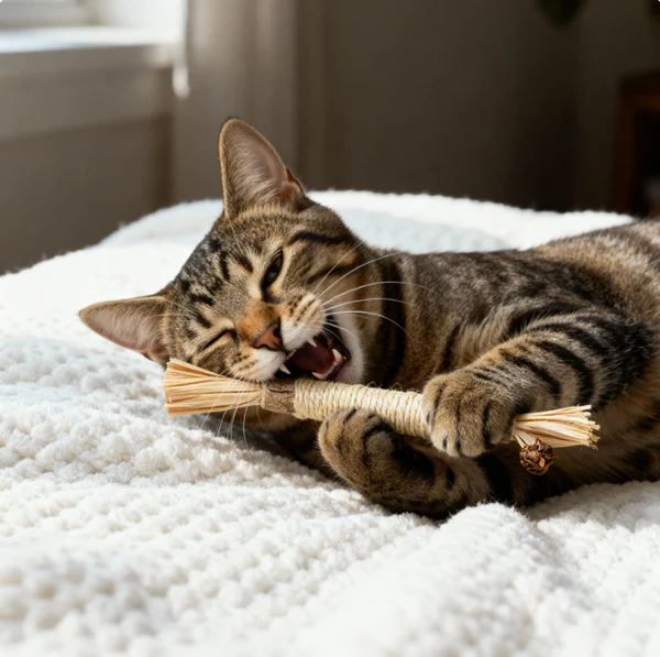 Cat playing with silvervine stick