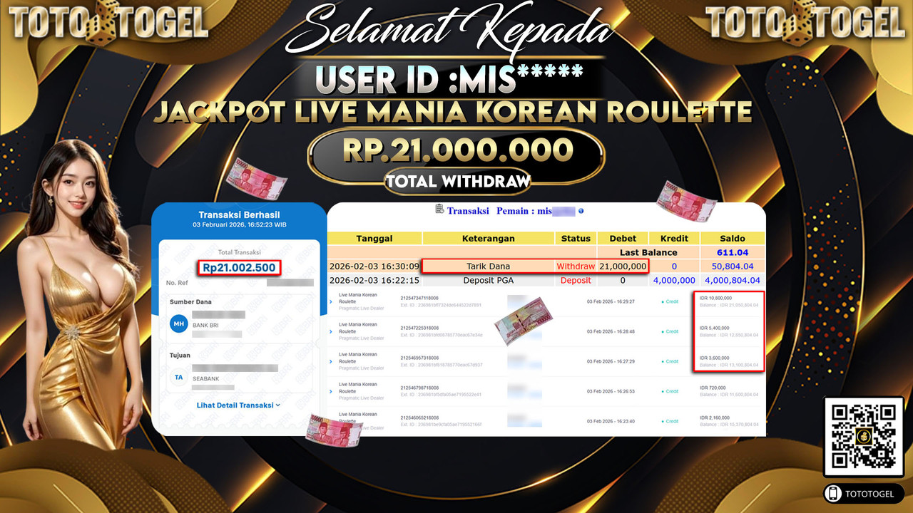 Bukti Pembayaran Jackpot Permainan Pragmatic Live Mania Korean Roulette ID:MIS*****LUNAS