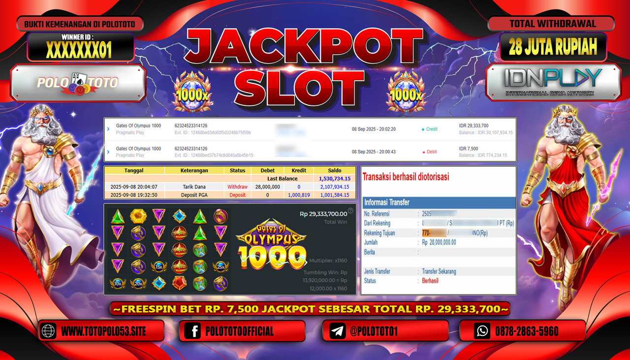 POLOTOTO JACKPOT SLOT GATES OF OLYMPUS 1000 Rp.28.000.000,- LUNAS