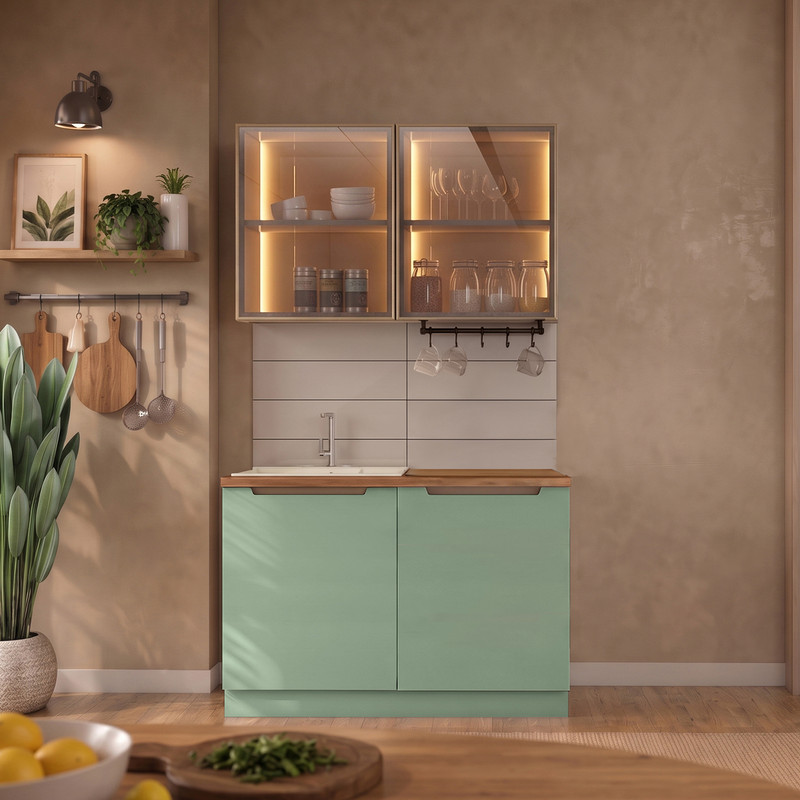 Hera 120 cm Mutfak Dolabı Seti %100 MDF Ledli Lavabolu Raflı Mutfak Dolabı Takımı 4 Modül Tezgah Dahil Yeşil Bej