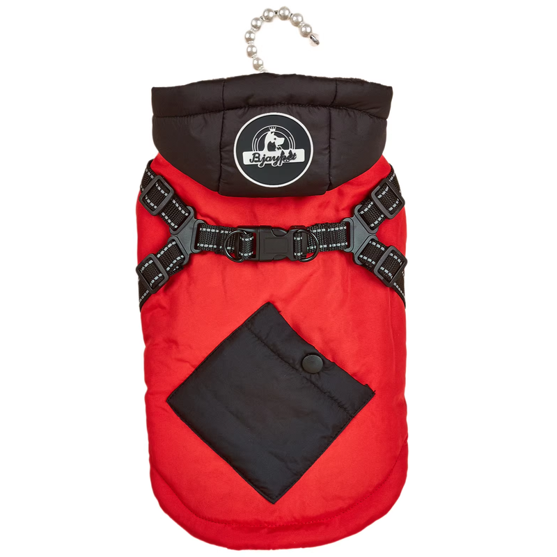 Red Thickened Winter Dog Coat with Reflective Strips – Waterproof, Windproof Pet Jacket for Small to Medium Dogs, Adjustable Fit with Detachable Leash Hook and Decorative Velcro Patch(Size: S)