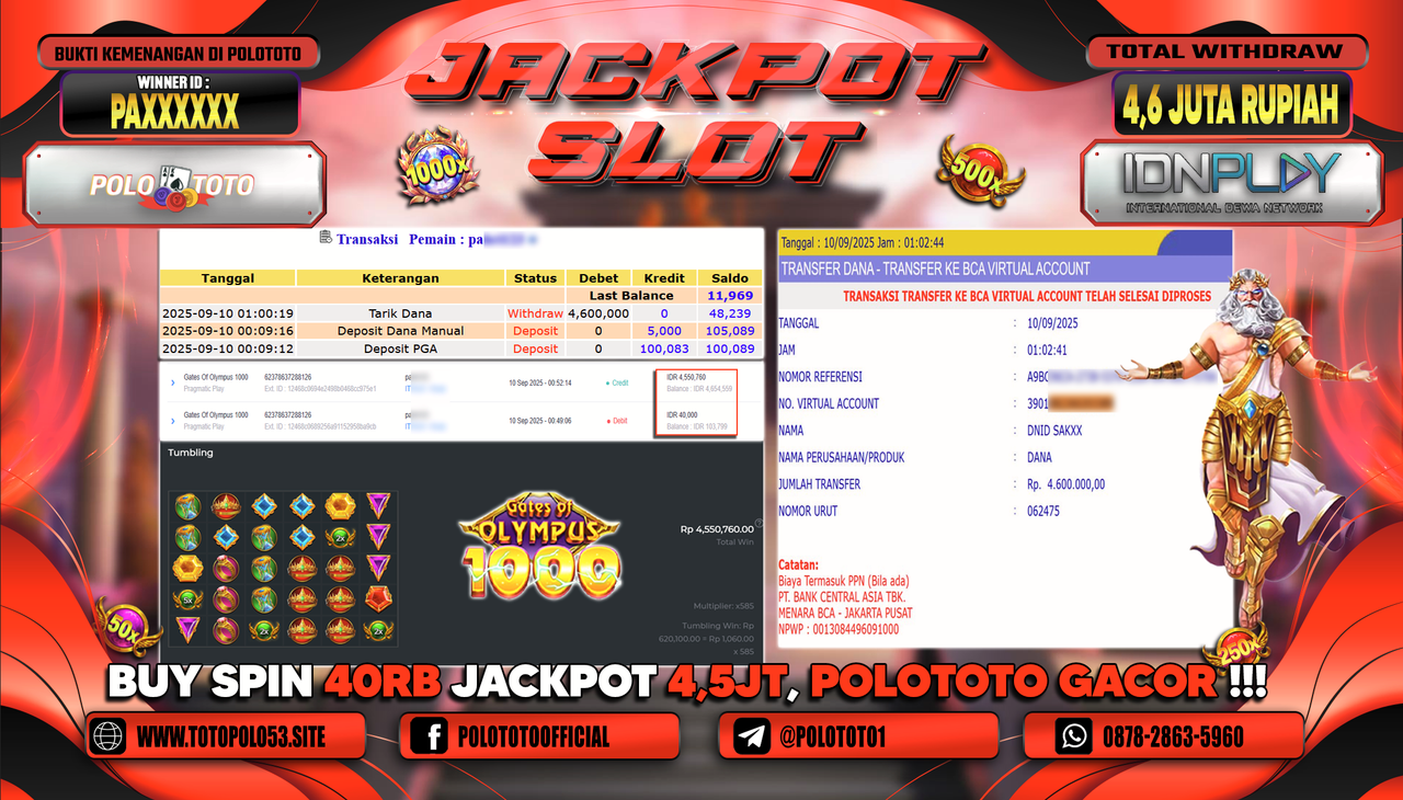 POLOTOTO JACKPOT SLOT GATES OF OLYMPUS 1000 Rp.4.600.000,-