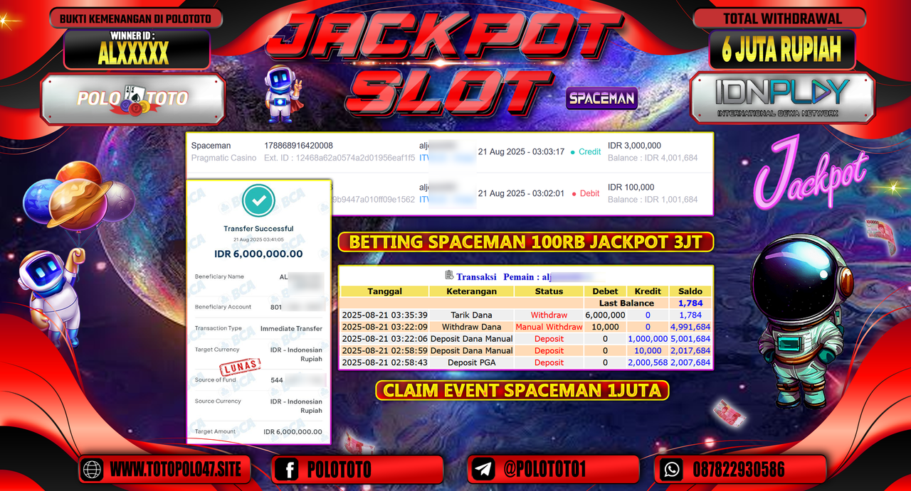 POLOTOTO JACKPOT SLOT SPACEMAN Rp.6.000.000,-