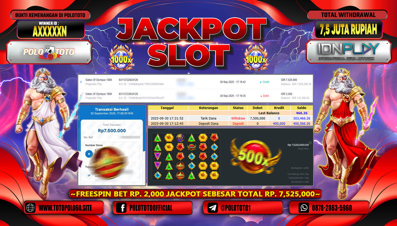 POLOTOTO JACKPOT SLOT GATES OF OLMPUS 1000 Rp.7.500.000,- LUNAS