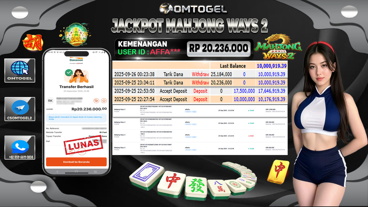 OMTOGEL JACKPOT PGSOFT MAHJONG WAYS 2 20 JUTA DI BAYAR LUNAS ,-