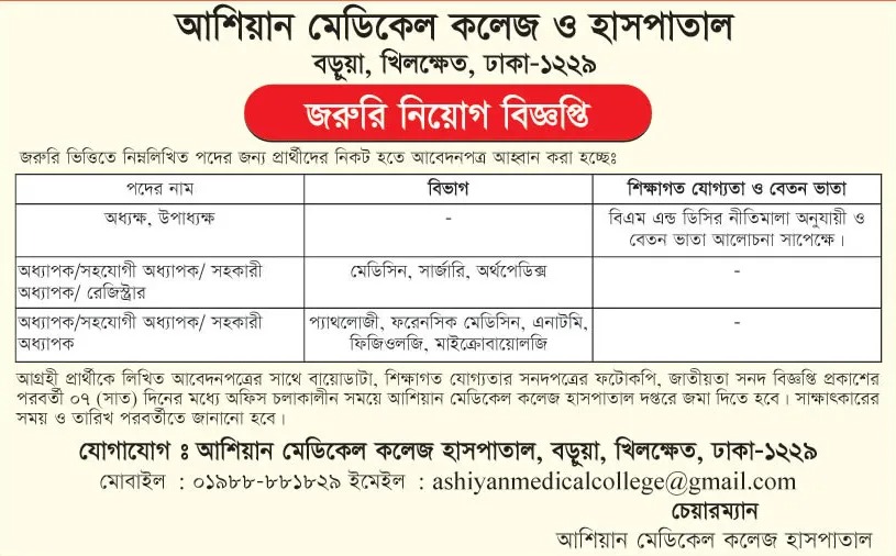 Ashiyan Medical College Hospital Job Circular 2022