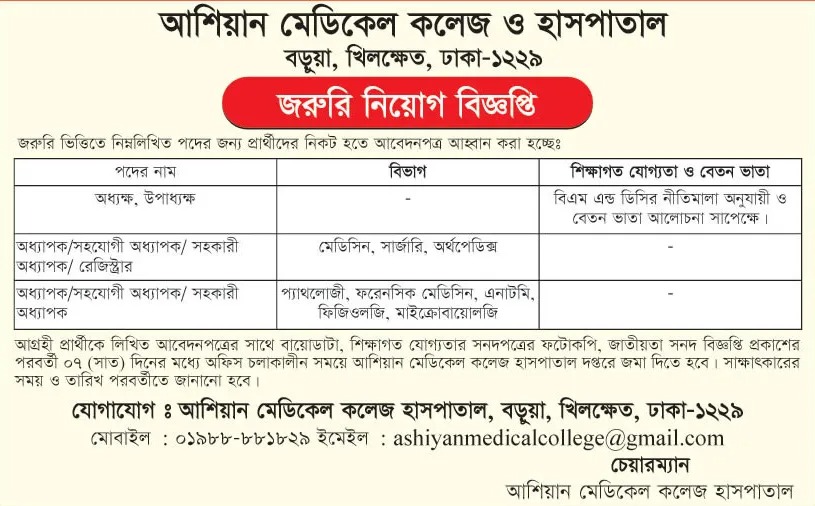 Ashiyan Medical College Hospital Job Circular 2022