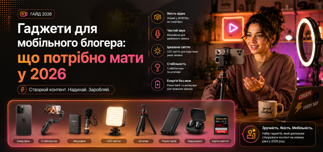 Гаджети для мобільного блогера 2026 — асесуари для зйомки на смартфон Mobilsab