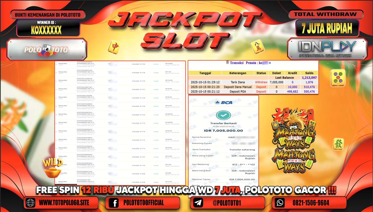 POLOTOTO JACKPOT SLOT MAHJONG WAYS Rp.7.000.000,- LUNAS