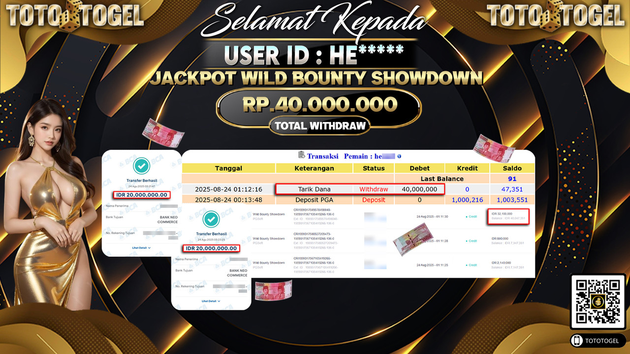 Bukti Pembayaran Jackpot Permainan Slot Wild Bounty Showdown ID:HE***** LUNAS
