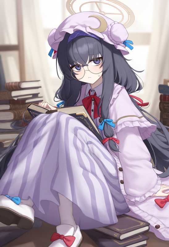 depth of field, 1girl, {ui(blue archive)}, patchouli knowledge (cosplay), {borro s-1288577957