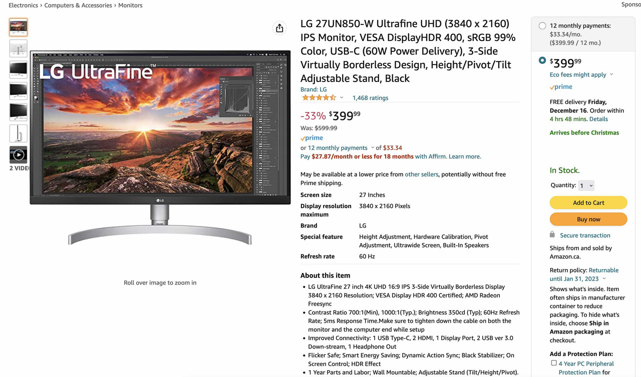 Amazon.ca] LG 27UN850-W $399 Ultrafine UHD 3840 x 2160 IPS Monitor, VESA  DisplayHDR 400, sRGB 99% Color, USB-C - RedFlagDeals.com Forums