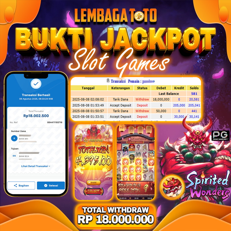 BUKTI JACKPOT 09 AGUSTUS LEMBAGATOTO SPIRITED WONDERS  Rp.18.000.000,- LUNAS
