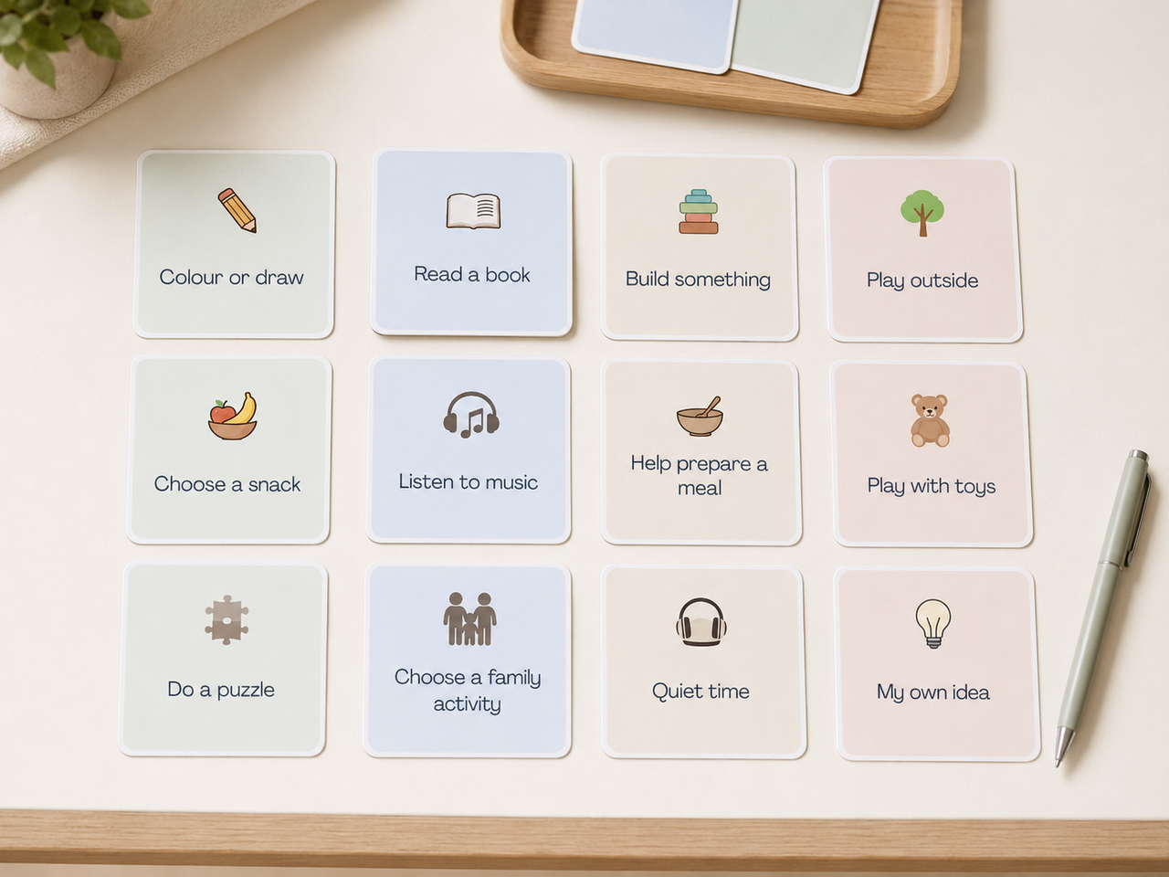 Screen-free activity-choice cards showing options like reading, drawing and playing outside